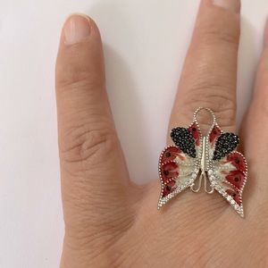 925 Silver ring red / white / black butterfly enamel cz stones